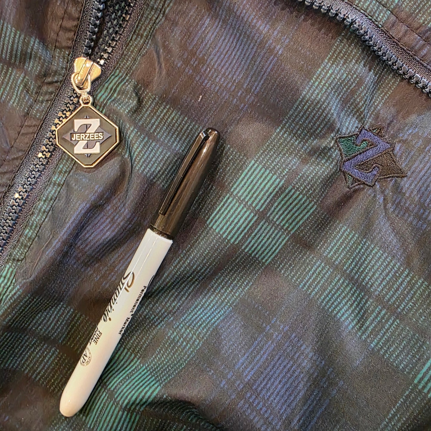 Jerzees Green Blue Black Plaid Collared Windbreaker Jacket Full Zip Elastic Waist Cuff M Size XL