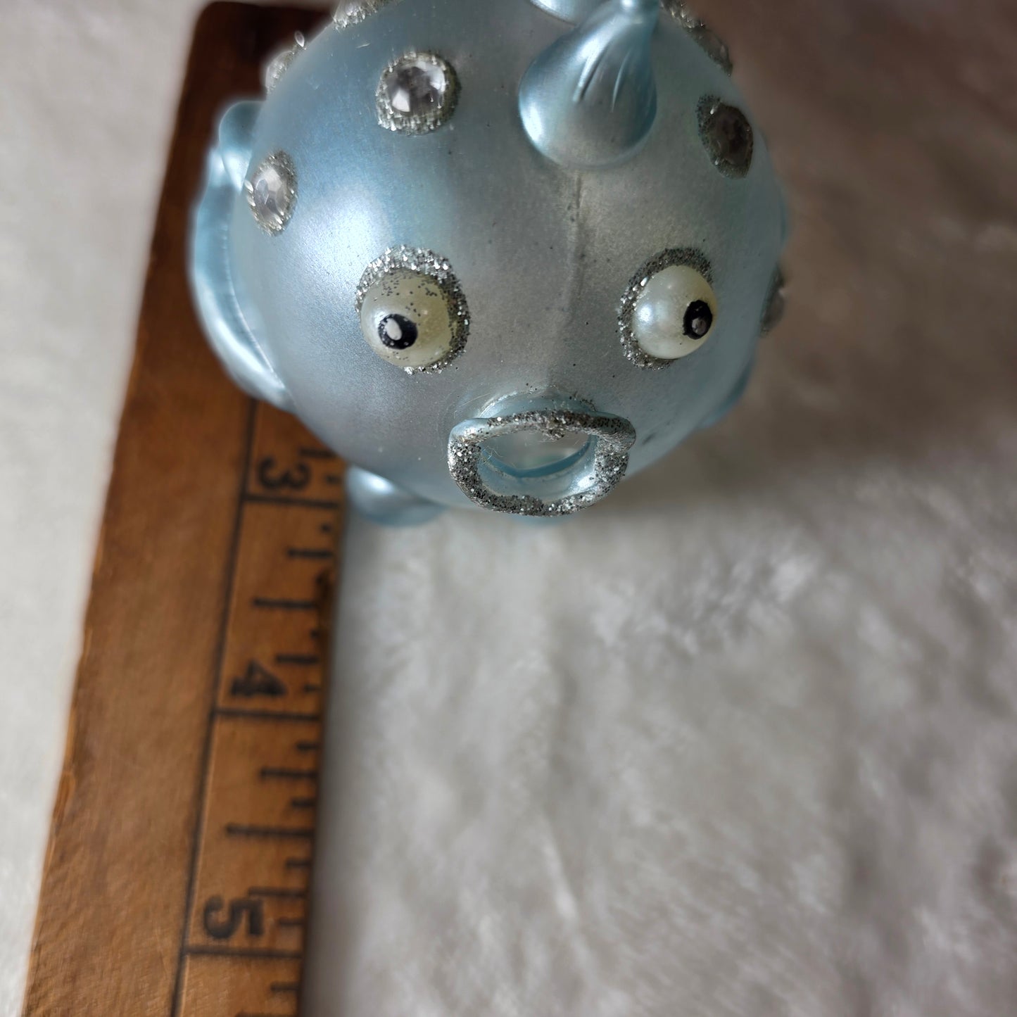 Vintage Blown Glass Blow Fish Jeweled Christmas Ornament Light Blue