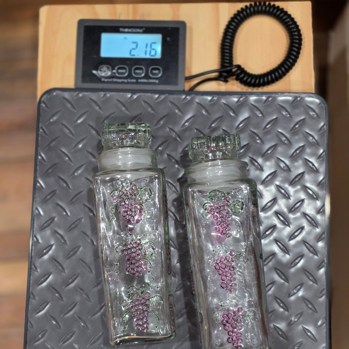 Vintage Grape Glass Bottles with Stoppers Set of 2 | Embossed Purple Grapes