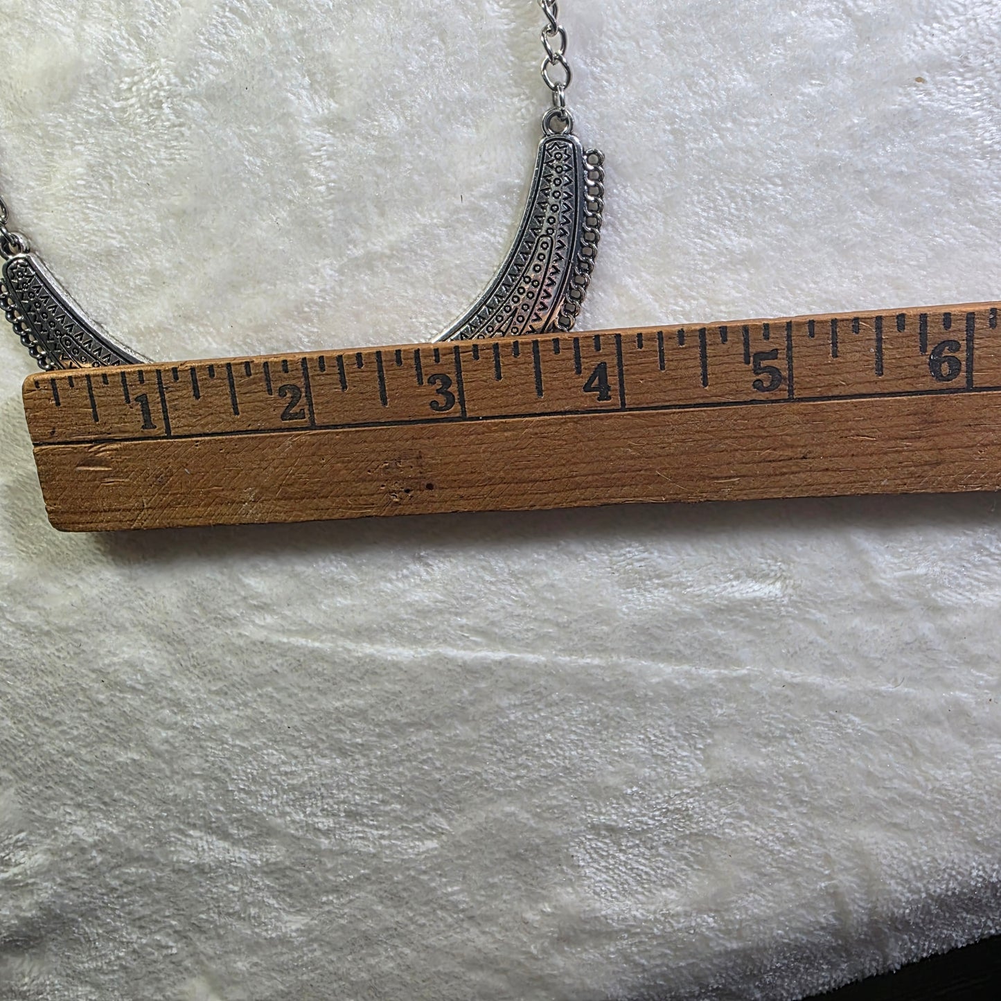 Tribal Inspired Silver Tone Collar Necklace Ornate Silver Tone Crescent Pendant