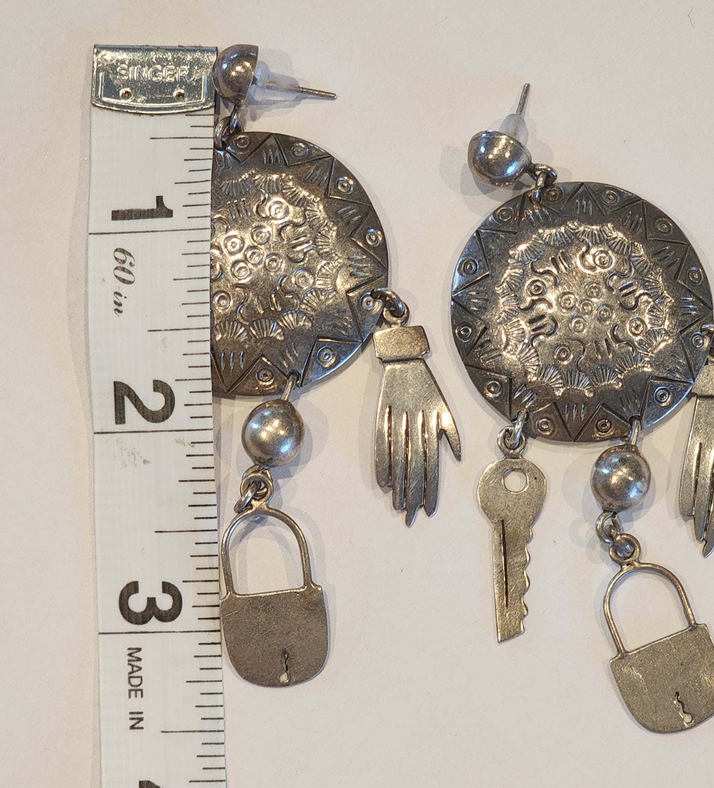 Vintage Silver Tone Charm Dangle Earrings Key Lock Hand Statement Jewelry