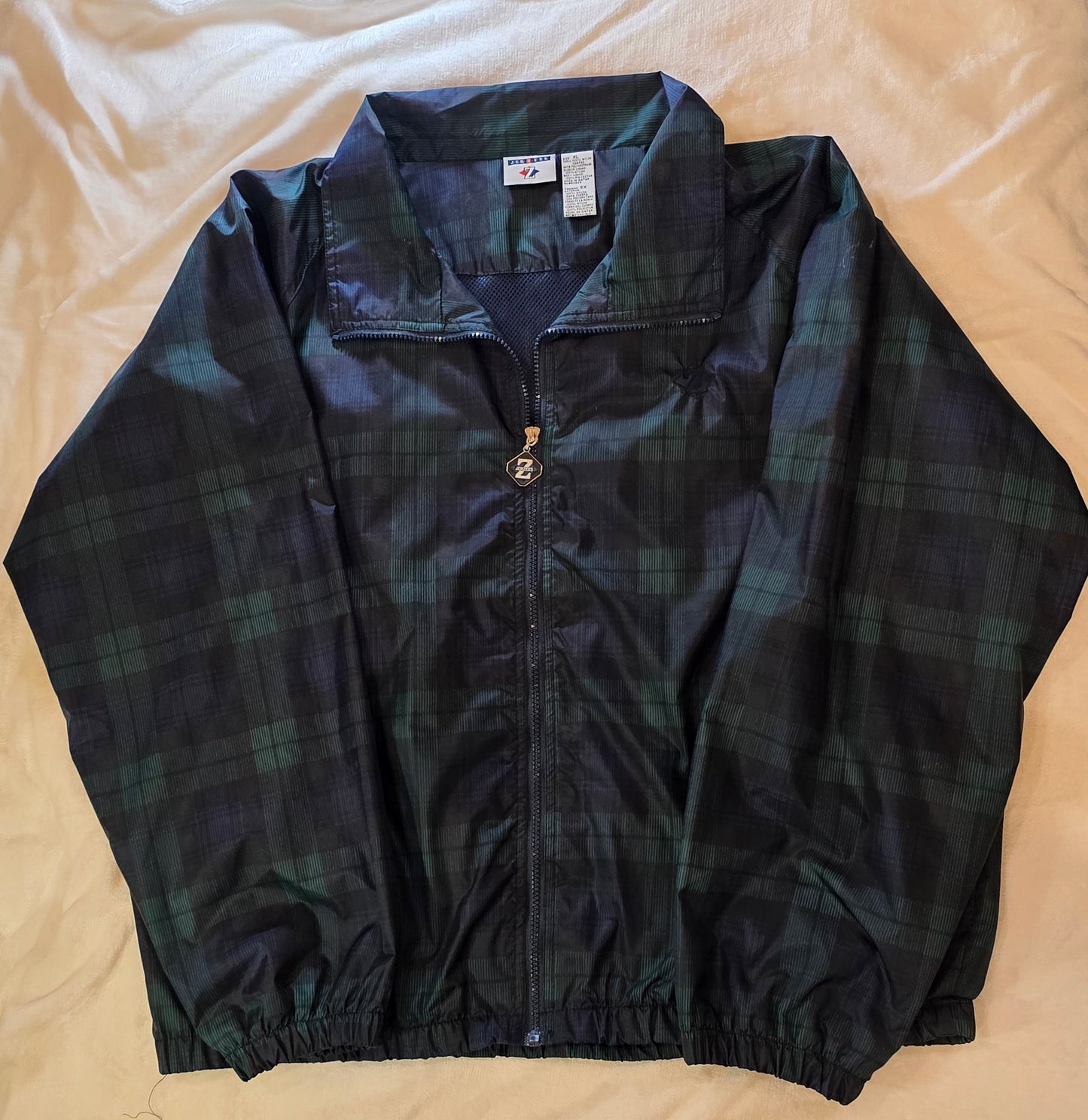 Jerzees Green Blue Black Plaid Collared Windbreaker Jacket Full Zip Elastic Waist Cuff M Size XL