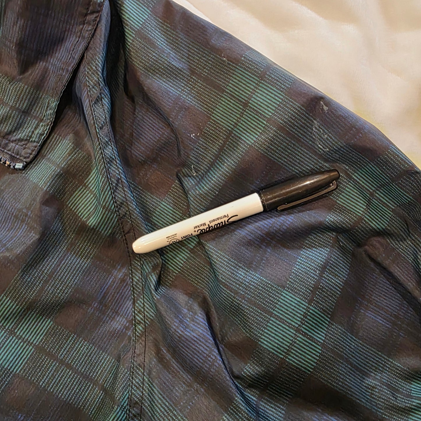 Jerzees Green Blue Black Plaid Collared Windbreaker Jacket Full Zip Elastic Waist Cuff M Size XL