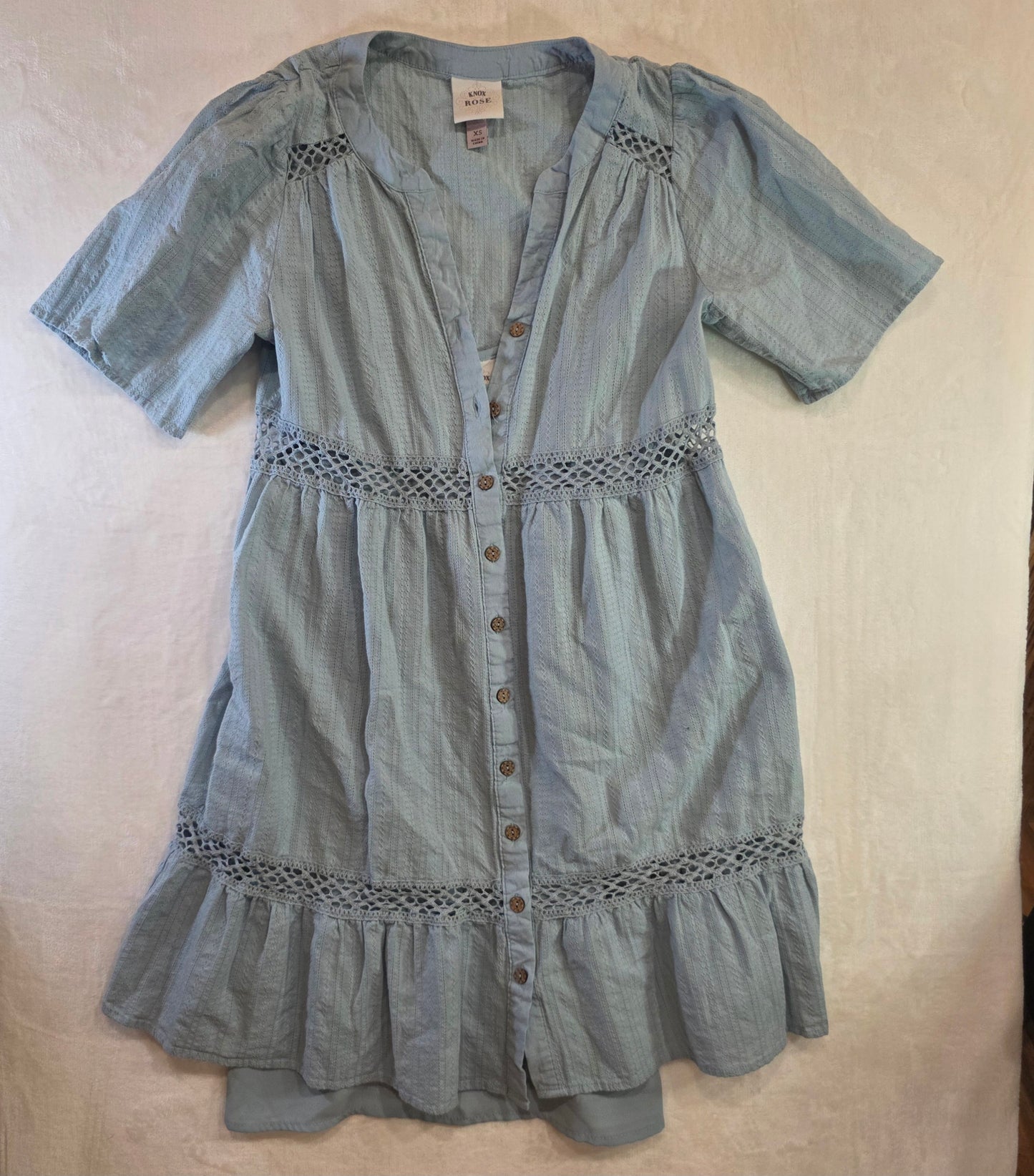 Knox Rose Dress Womens Medium Blue Button Up Short Sleeve V Neck Knee Length