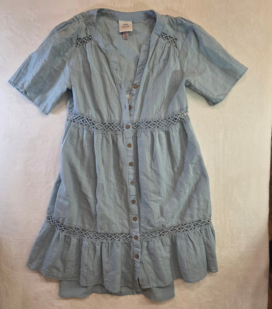 Knox Rose Dress Womens Medium Blue Button Up Short Sleeve V Neck Knee Length