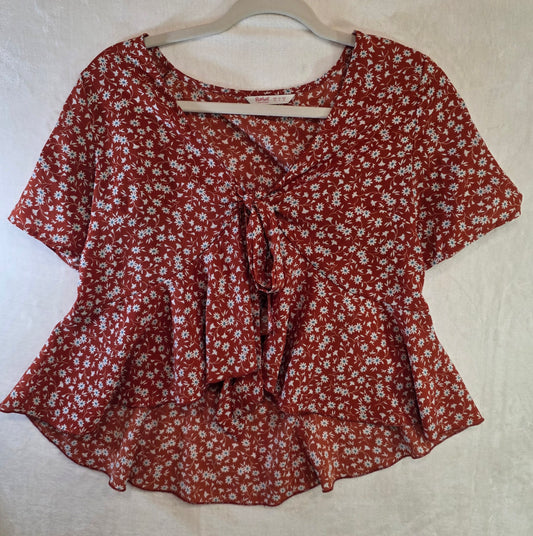 Tie Front Ditsy Floral Ruffle Hem Top – ROMWE Women’s Size M