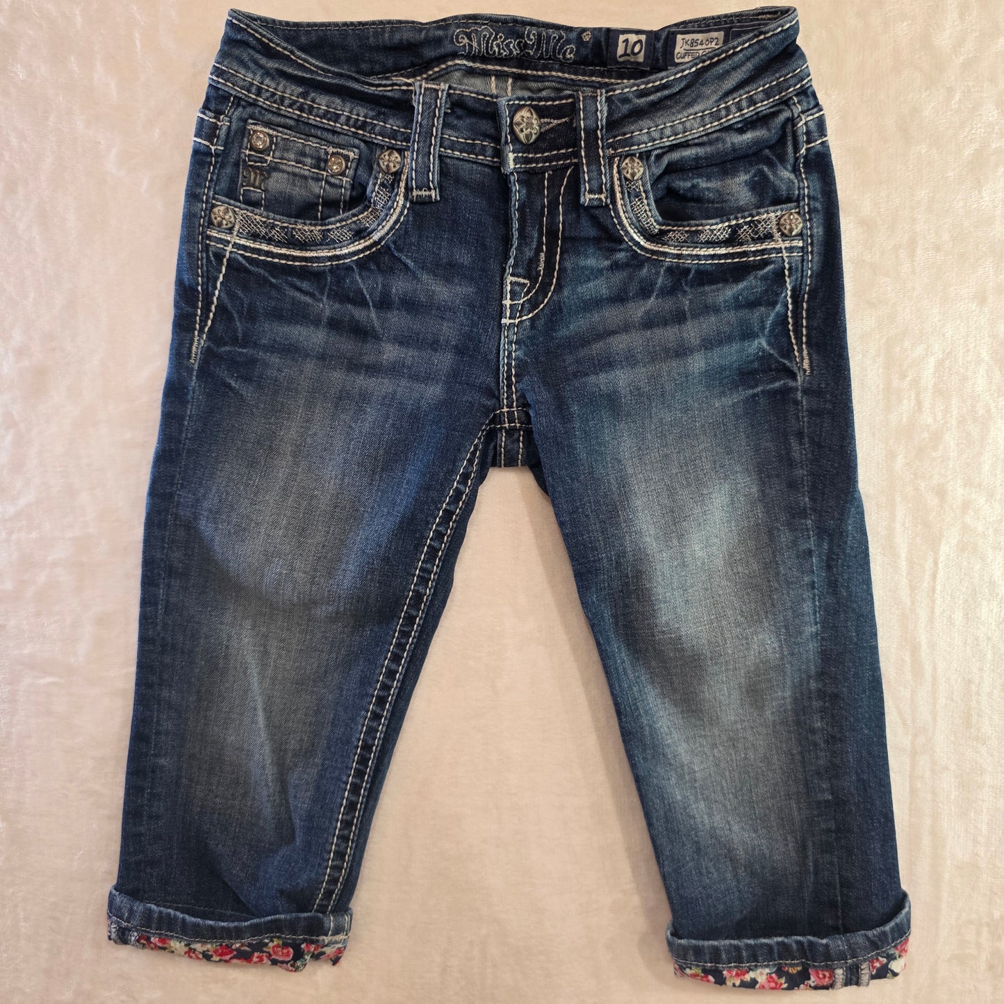 Miss Me Girls Jeans Size 10 Cuffed Capri Med Wash Rhinestone & Embroidered Design