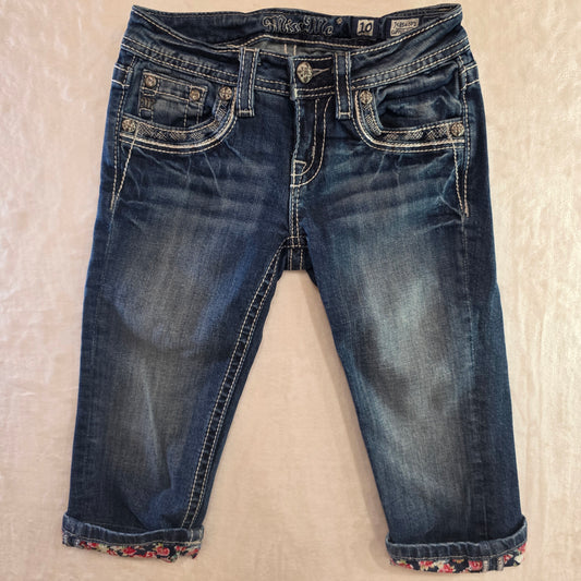 Miss Me Girls Jeans Size 10 Cuffed Capri Med Wash Rhinestone & Embroidered Design