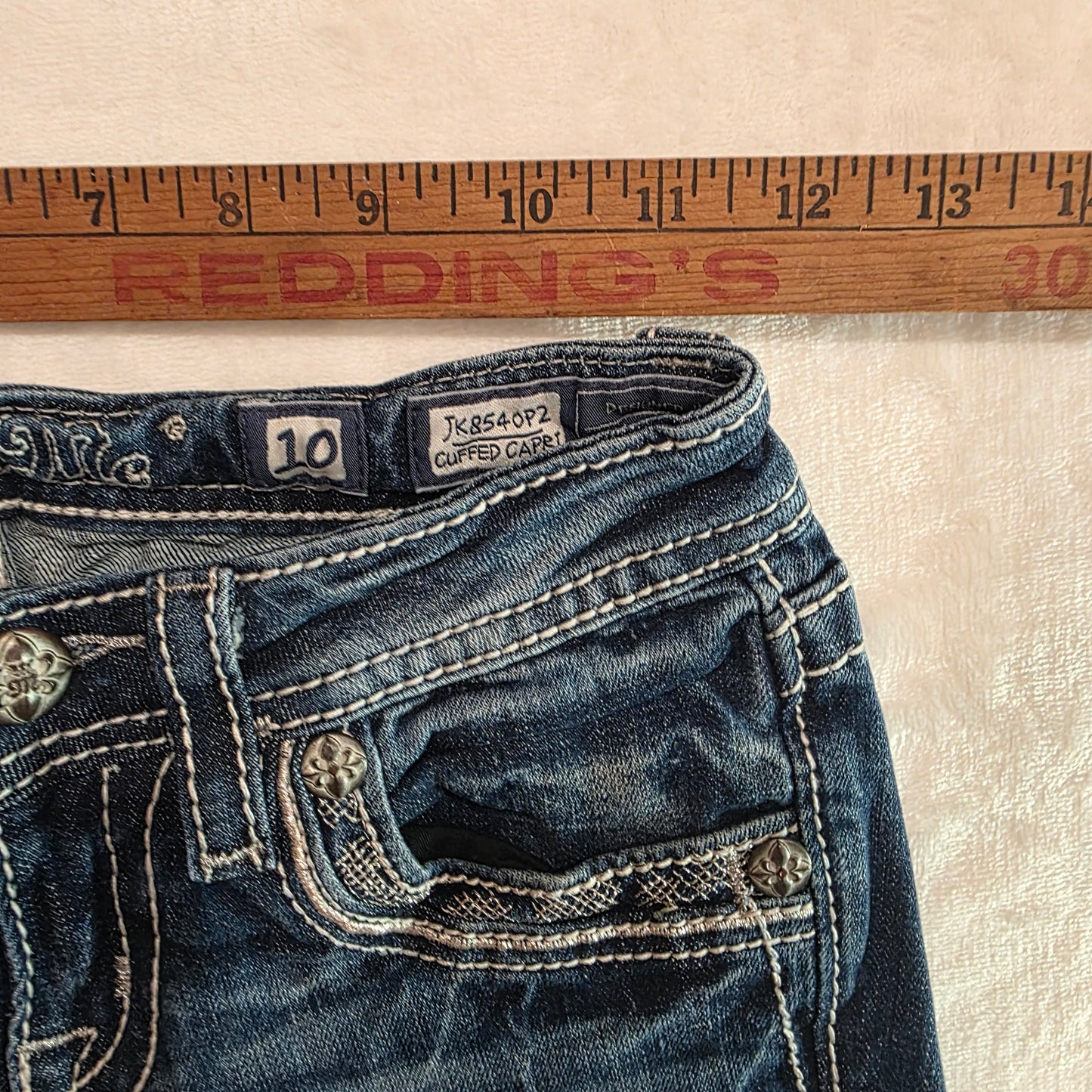 Miss Me Girls Jeans Size 10 Cuffed Capri Med Wash Rhinestone & Embroidered Design