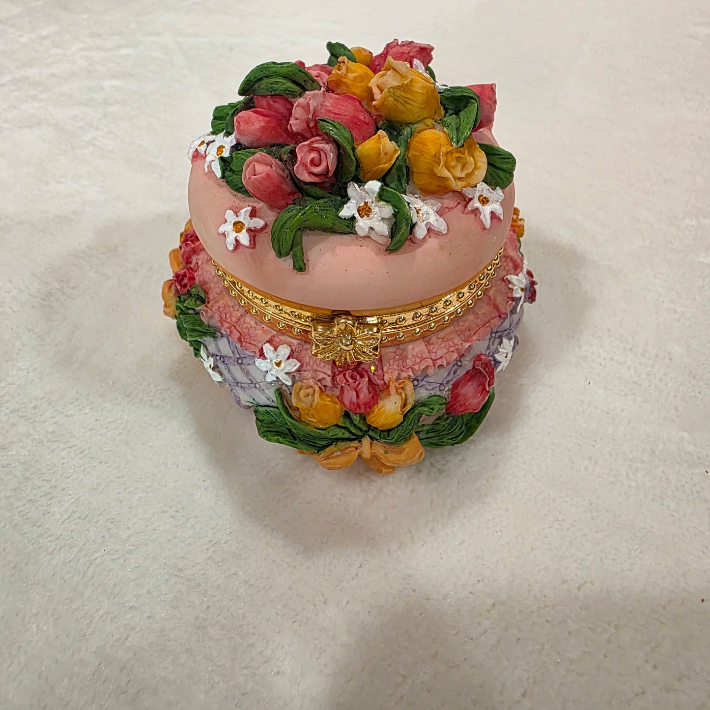 Hand Painted Resin Floral Music Box With Gold Accents, Hinged Lid and Melody