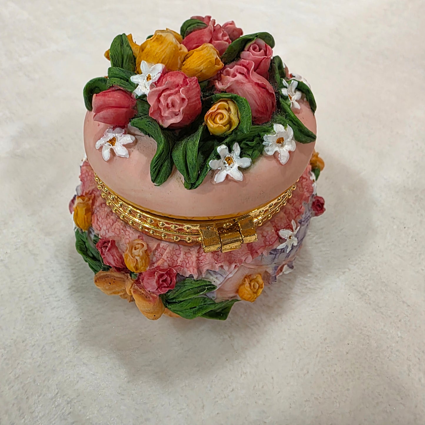 Hand Painted Resin Floral Music Box With Gold Accents, Hinged Lid and Melody