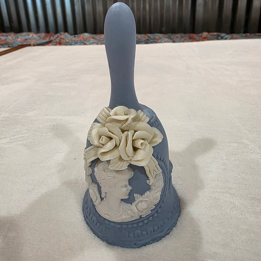 Vintage Blue Hand Bell Embossed White Roses