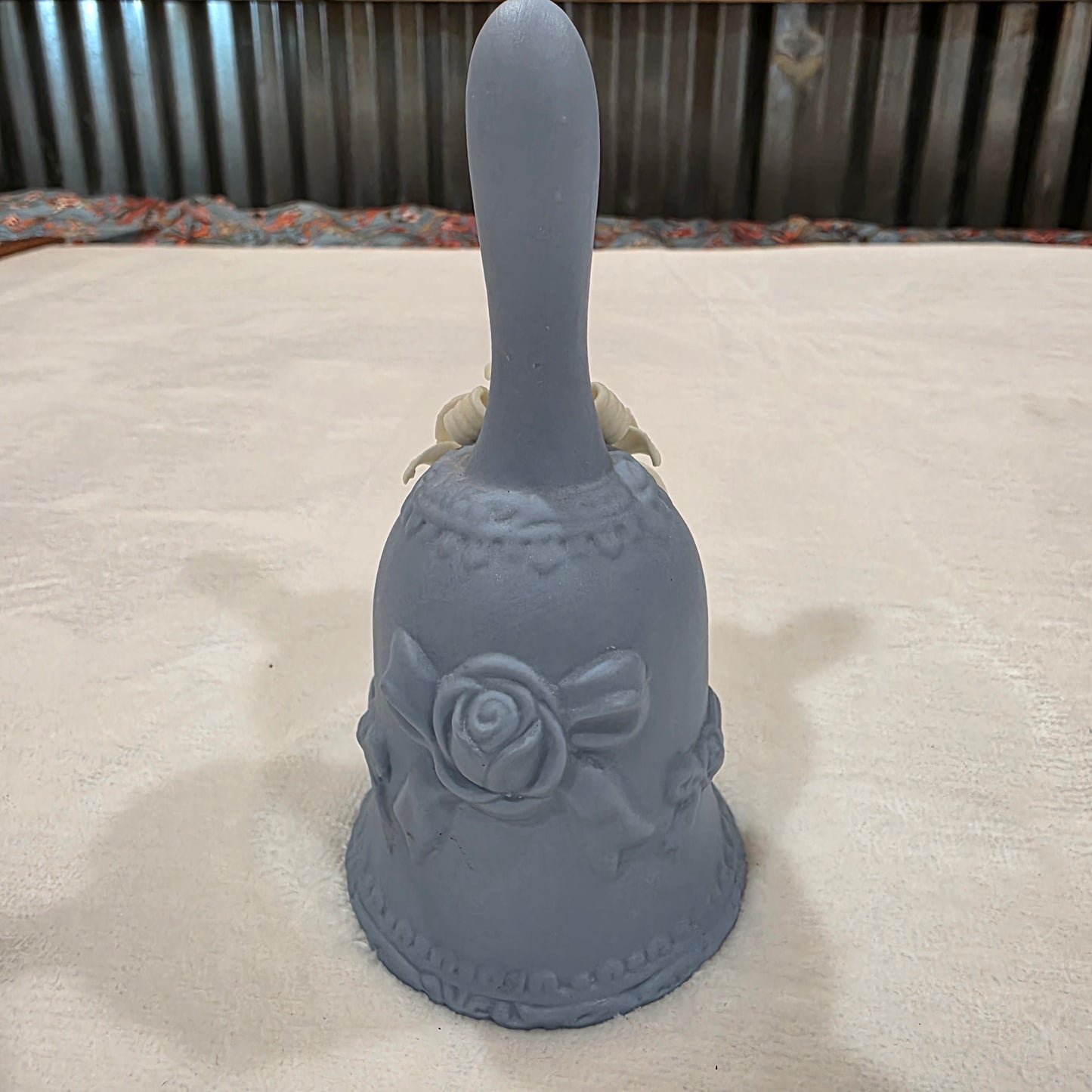 Vintage Blue Hand Bell Embossed White Roses