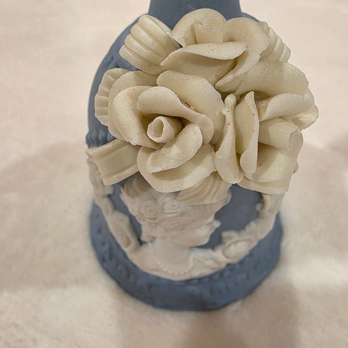 Vintage Blue Hand Bell Embossed White Roses