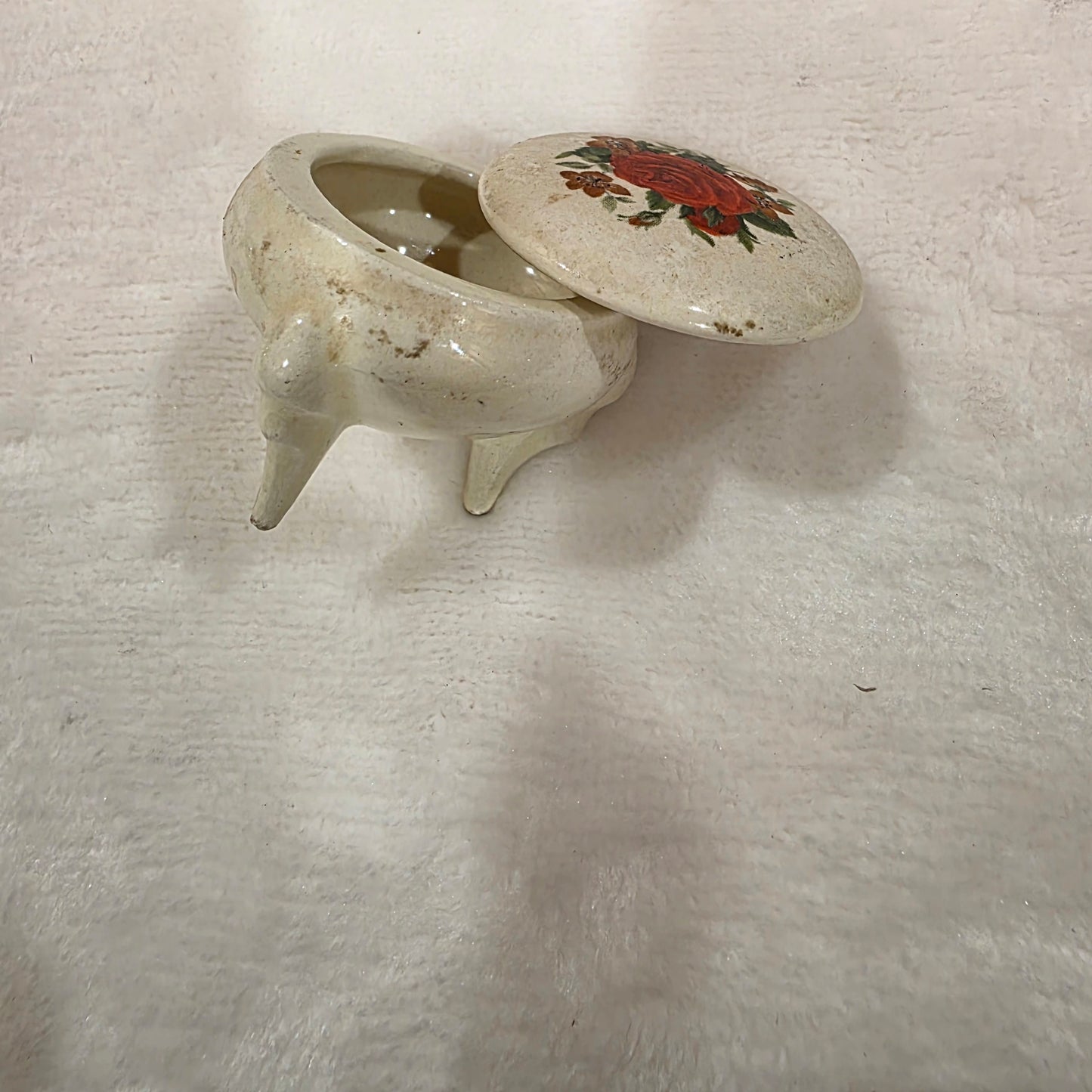 Vintage Porcelain Trinket Box Hand Painted Rose on Top