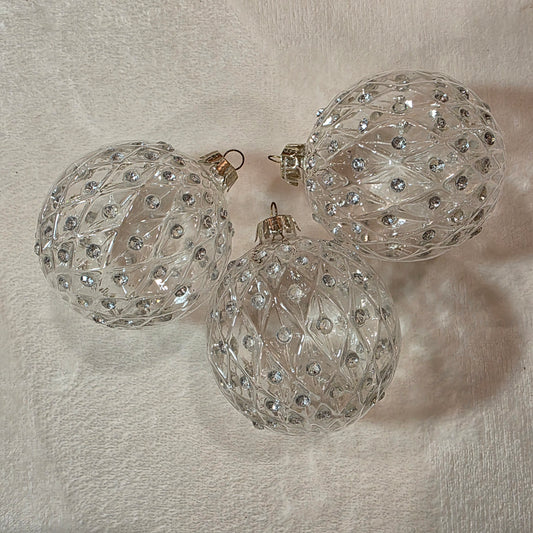 Set of 3 Pier 1 Diamond-Pattern Shatterproof Plastic Christmas Ornaments with Rhinestones