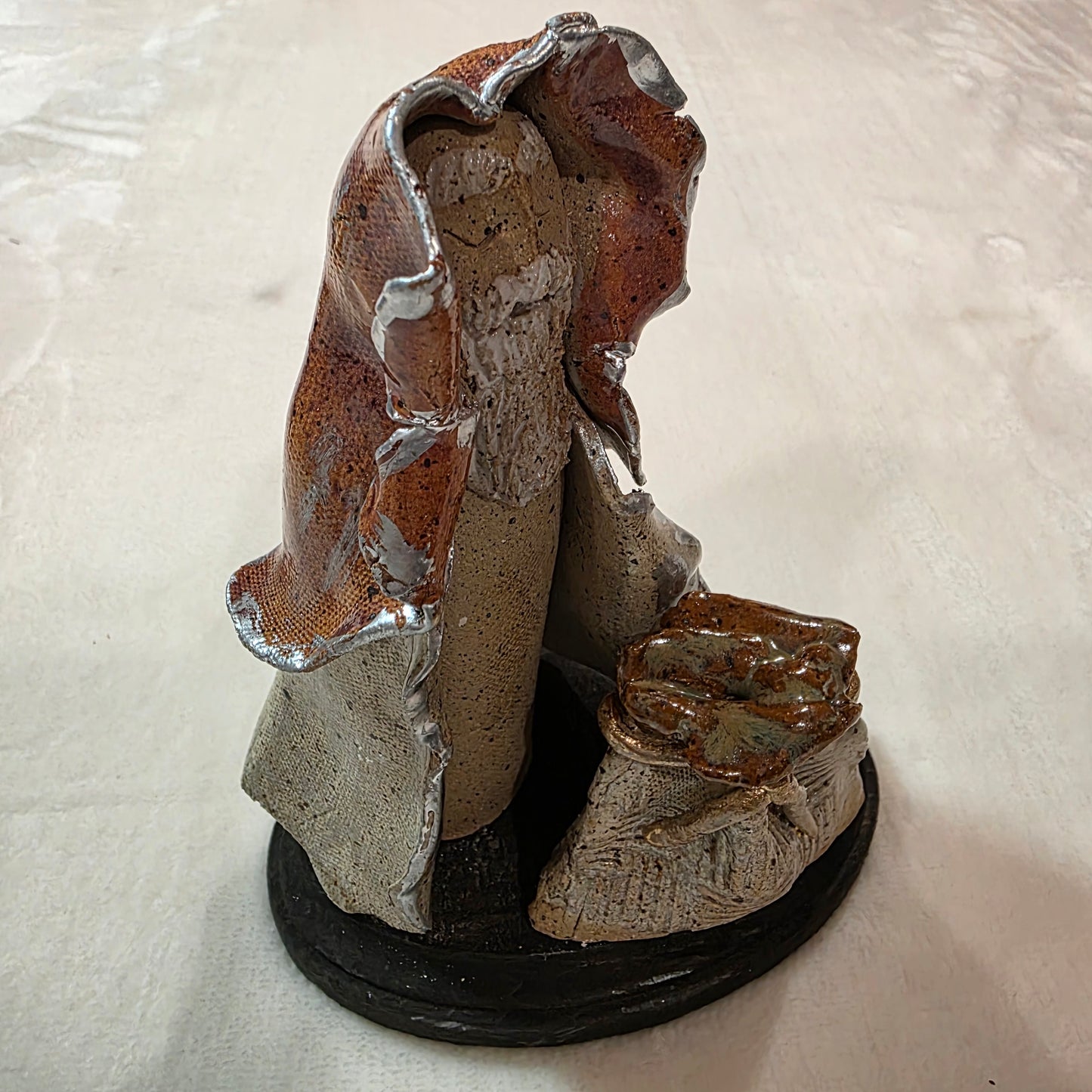 Handmade Ceramic Figurine – Hooded Bearded Man with Sack – Rustic Studio Potter Folk Art