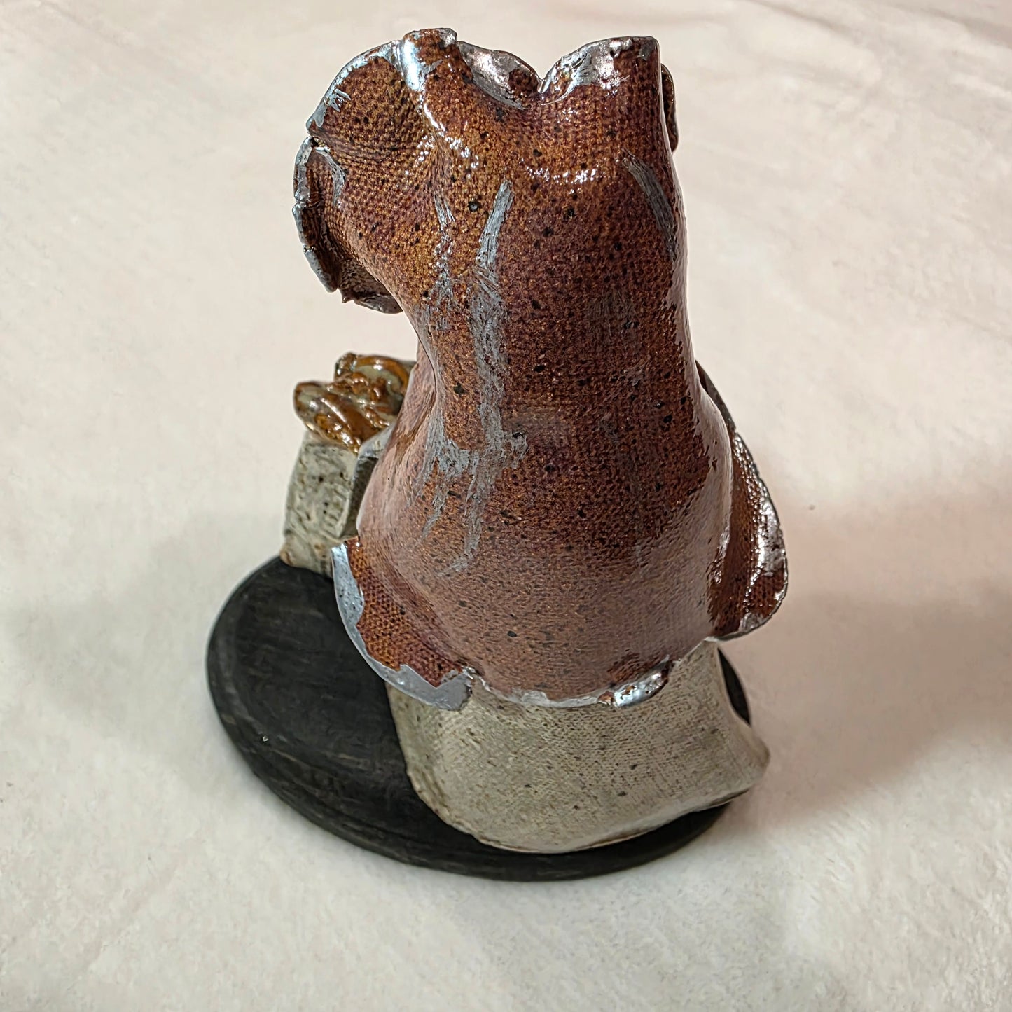 Handmade Ceramic Figurine – Hooded Bearded Man with Sack – Rustic Studio Potter Folk Art