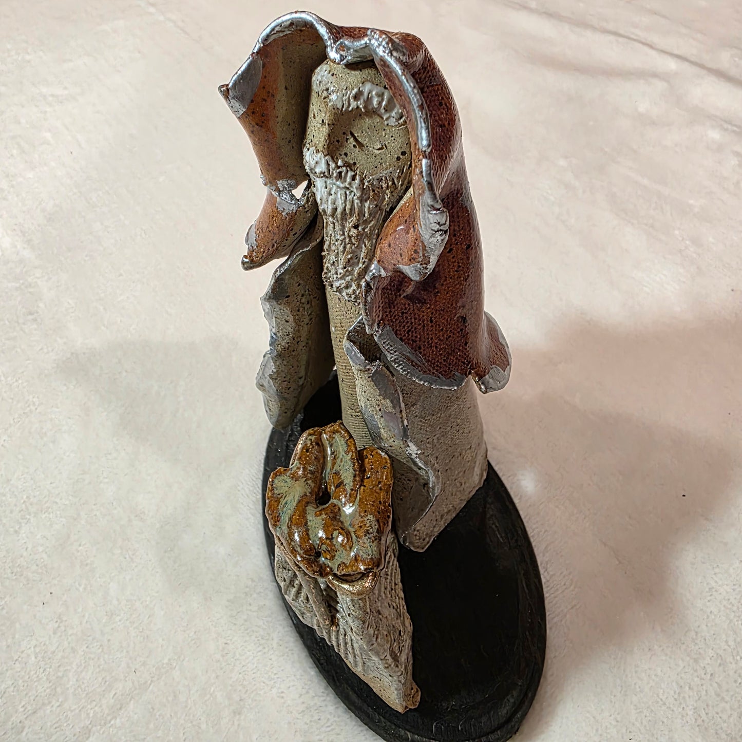 Handmade Ceramic Figurine – Hooded Bearded Man with Sack – Rustic Studio Potter Folk Art