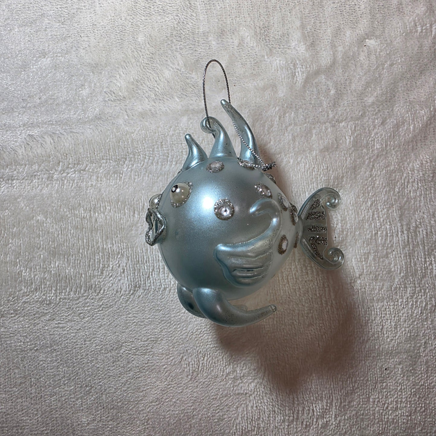 Vintage Blown Glass Blow Fish Jeweled Christmas Ornament Light Blue