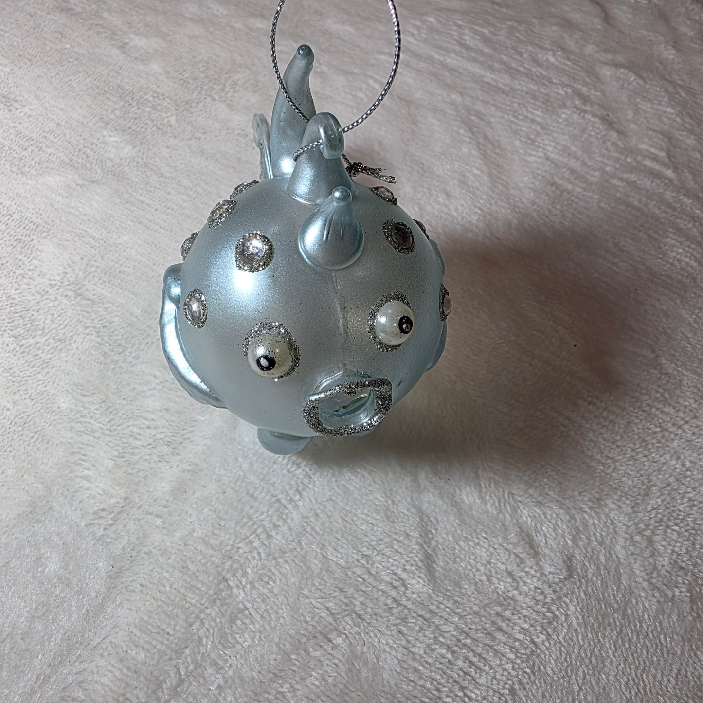 Vintage Blown Glass Blow Fish Jeweled Christmas Ornament Light Blue