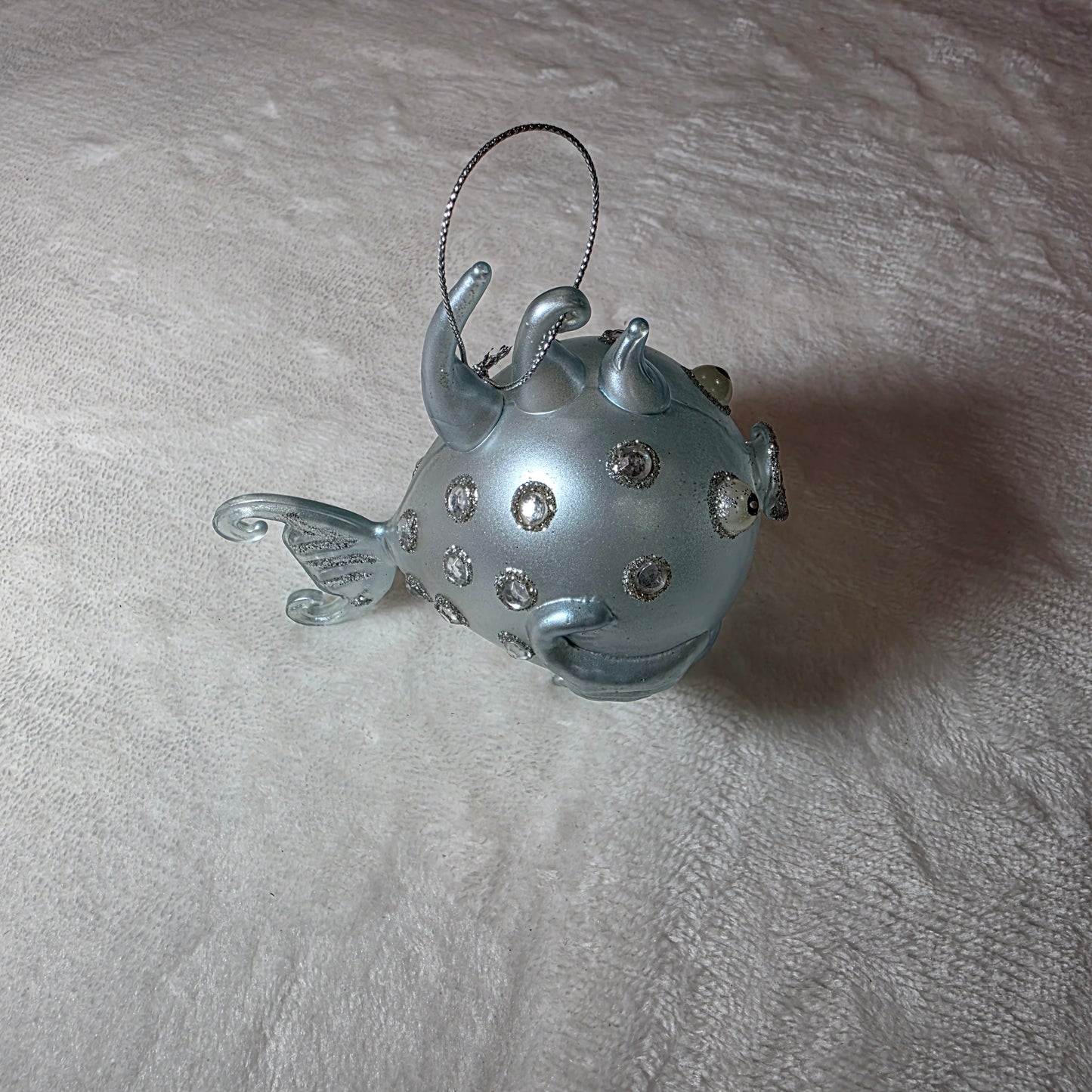 Vintage Blown Glass Blow Fish Jeweled Christmas Ornament Light Blue