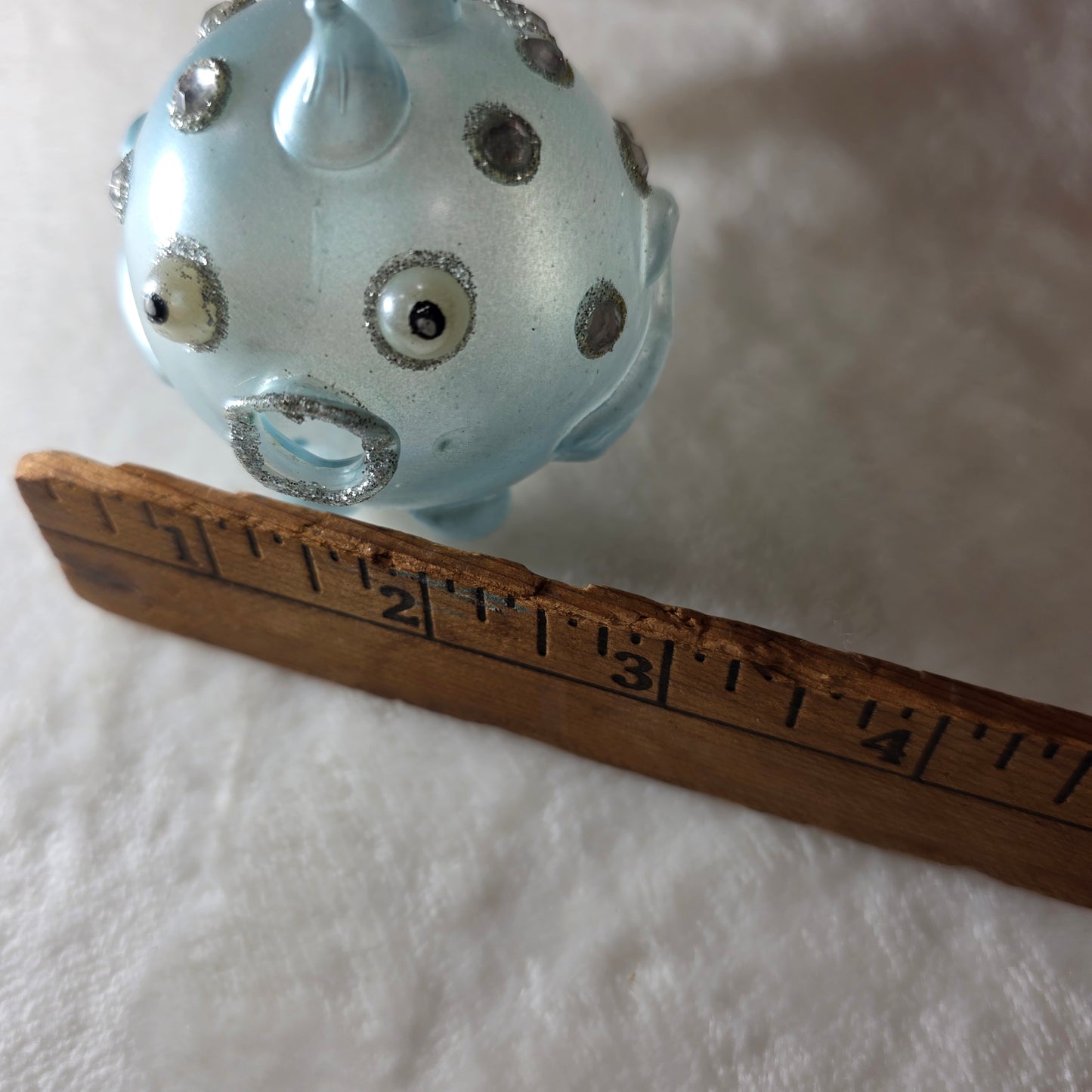 Vintage Blown Glass Blow Fish Jeweled Christmas Ornament Light Blue