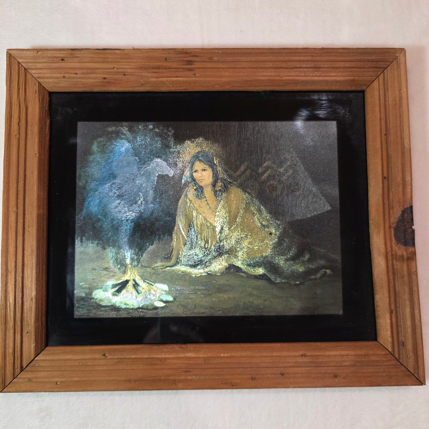Vintage Indian Hunting Buffalo and Indian Maiden & Fire Dufex Foil Wooden Framed Print