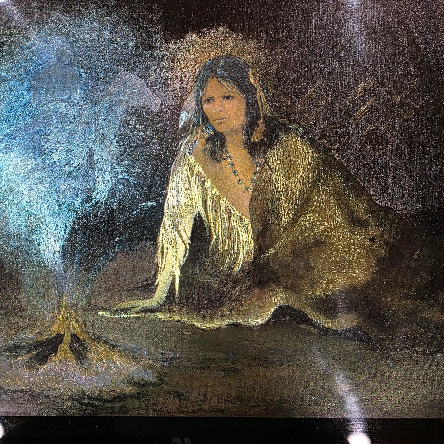 Vintage Indian Hunting Buffalo and Indian Maiden & Fire Dufex Foil Wooden Framed Print