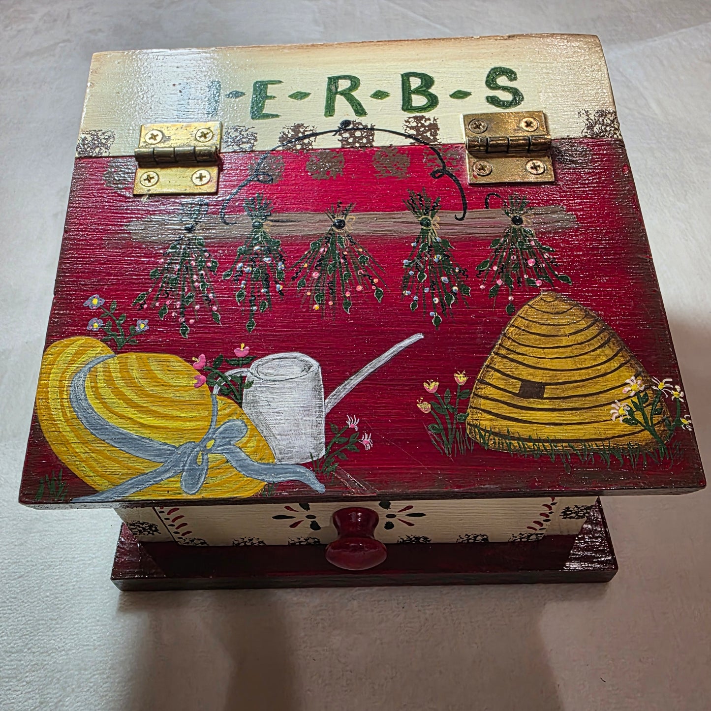 Vintage Solid Wood Hand Painted Folk Art Herb Box with Hinged Lid and Pull-out Drawer