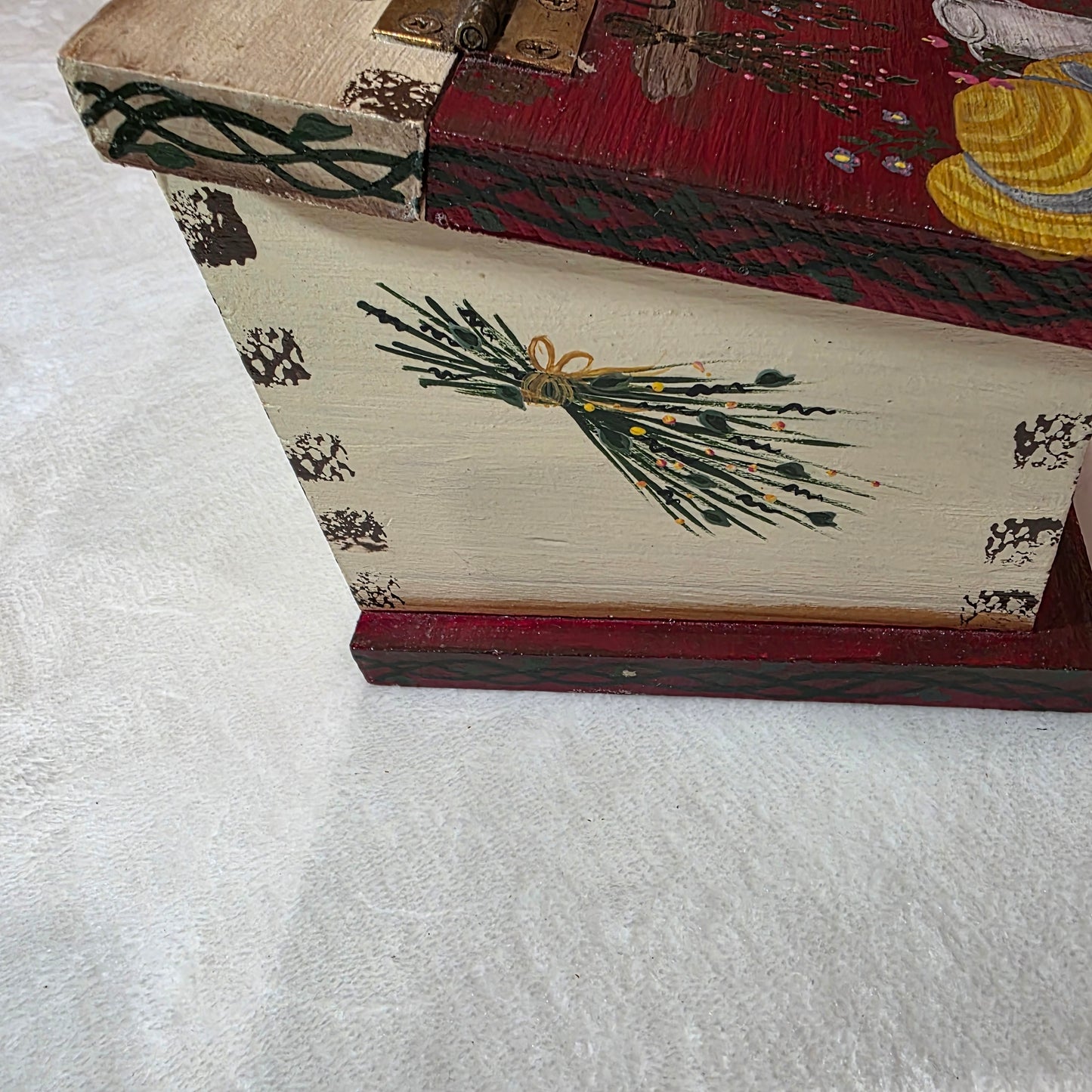 Vintage Solid Wood Hand Painted Folk Art Herb Box with Hinged Lid and Pull-out Drawer