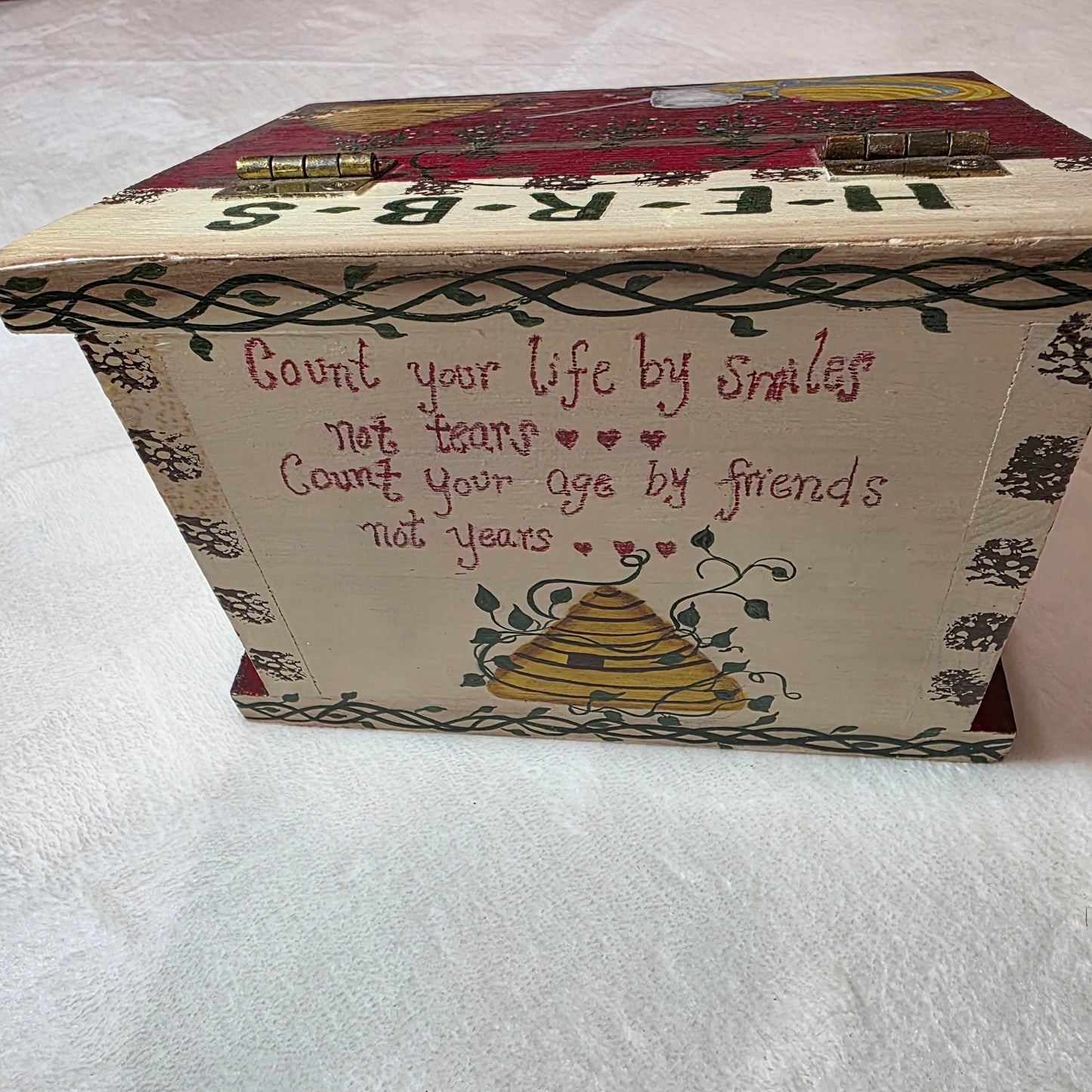 Vintage Solid Wood Hand Painted Folk Art Herb Box with Hinged Lid and Pull-out Drawer