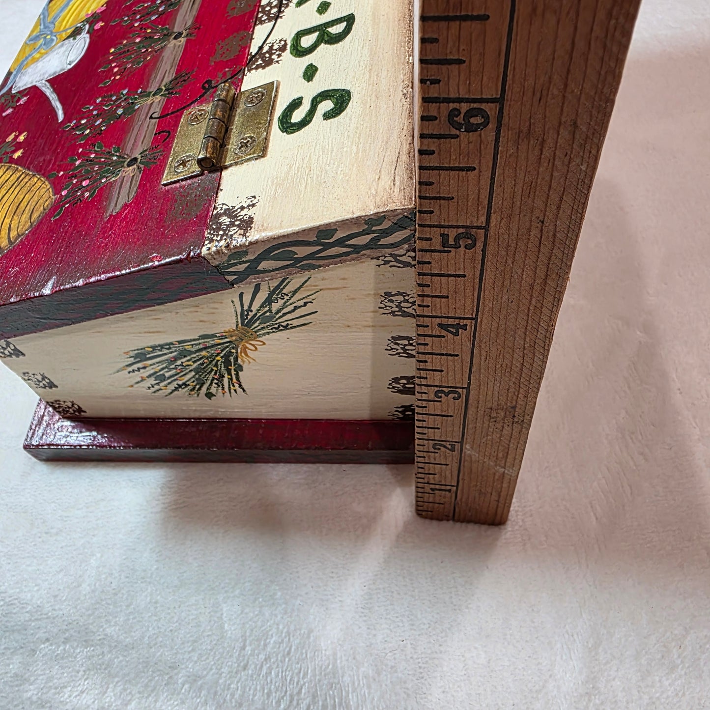 Vintage Solid Wood Hand Painted Folk Art Herb Box with Hinged Lid and Pull-out Drawer