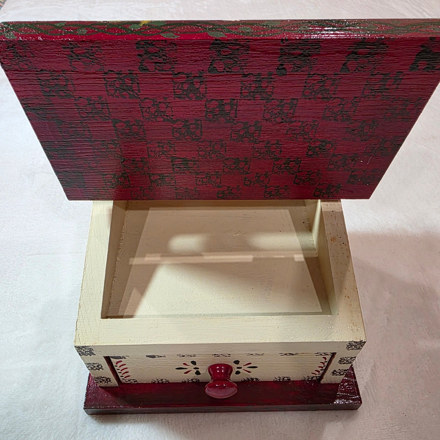 Vintage Solid Wood Hand Painted Folk Art Herb Box with Hinged Lid and Pull-out Drawer