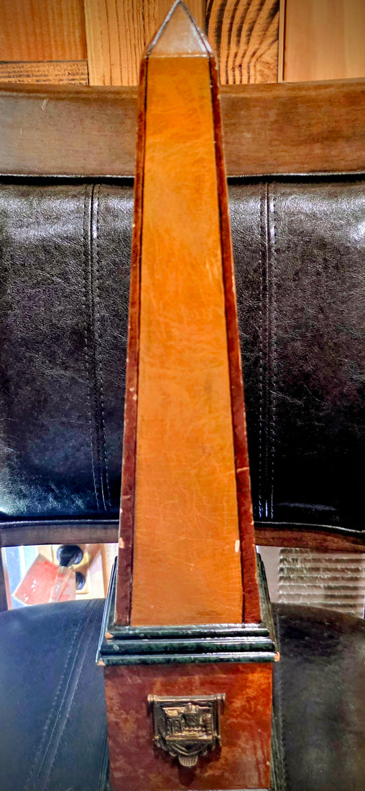 Vintage Decorative Obelisk – 18" Tall – Medieval Knight & Heraldic Crest – Wood Veneer