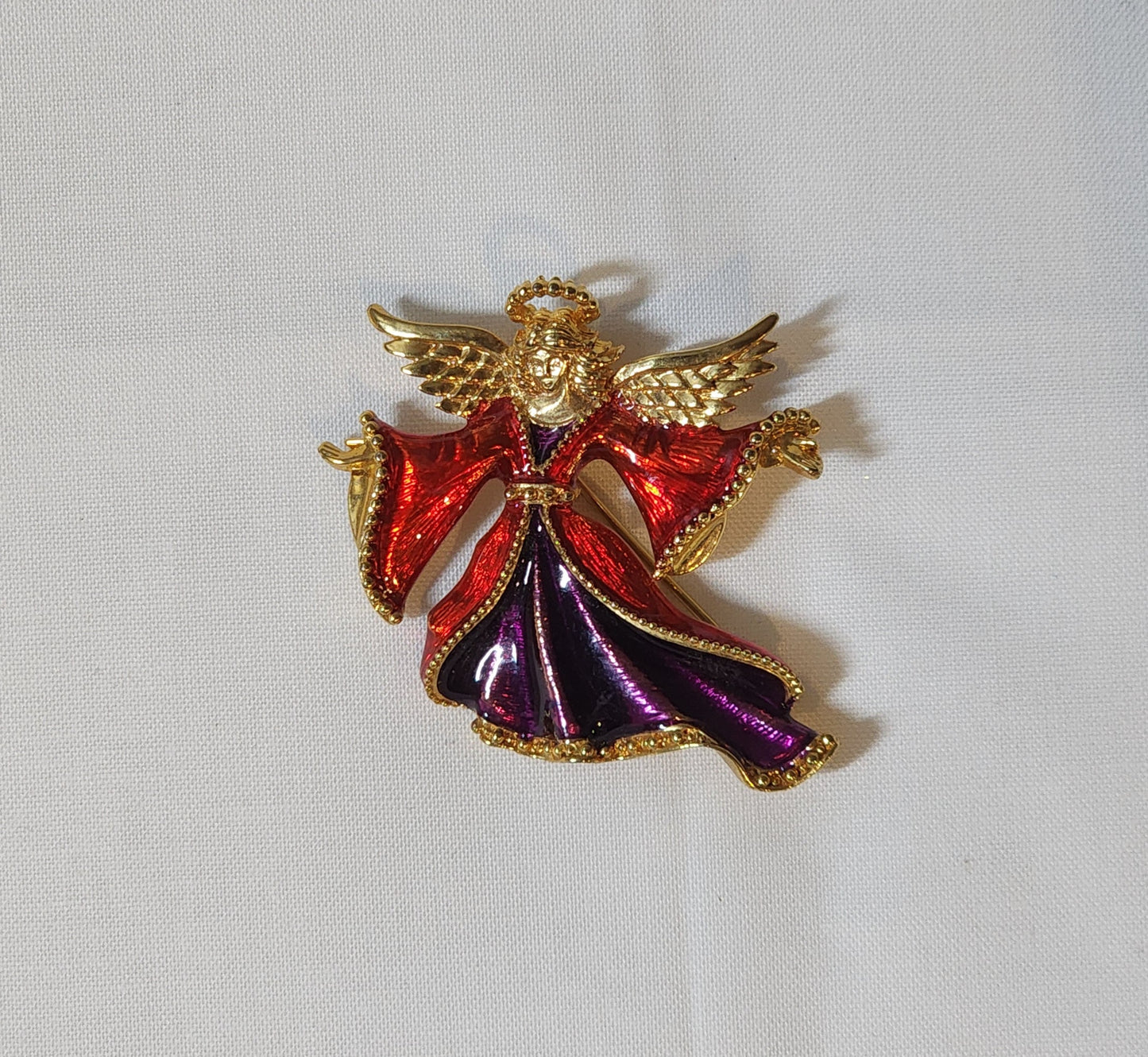 Christopher Radko Signed Angel Brooch – Vintage Red & Purple Enamel Gold Tone Pin