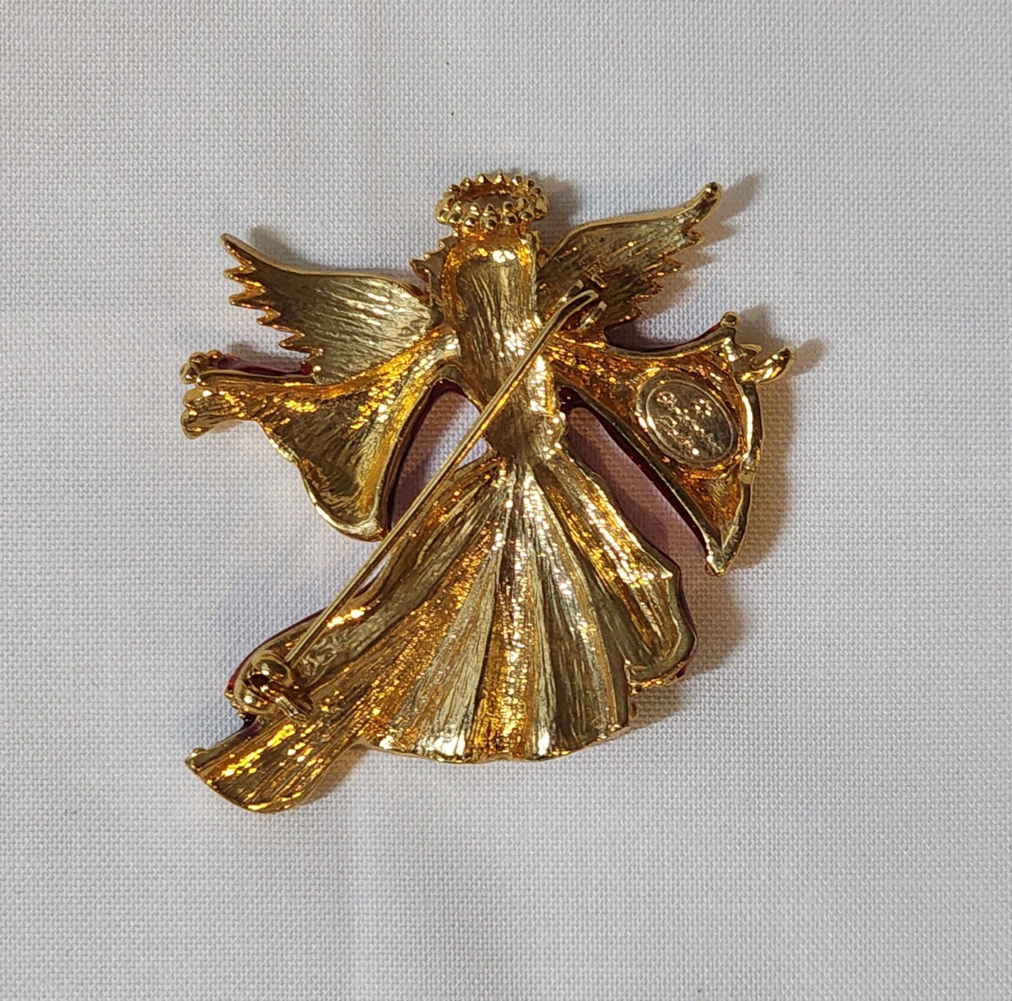 Christopher Radko Signed Angel Brooch – Vintage Red & Purple Enamel Gold Tone Pin