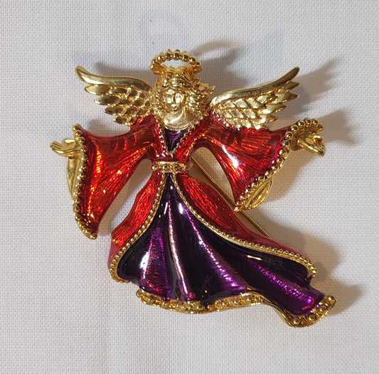 Christopher Radko Signed Angel Brooch – Vintage Red & Purple Enamel Gold Tone Pin