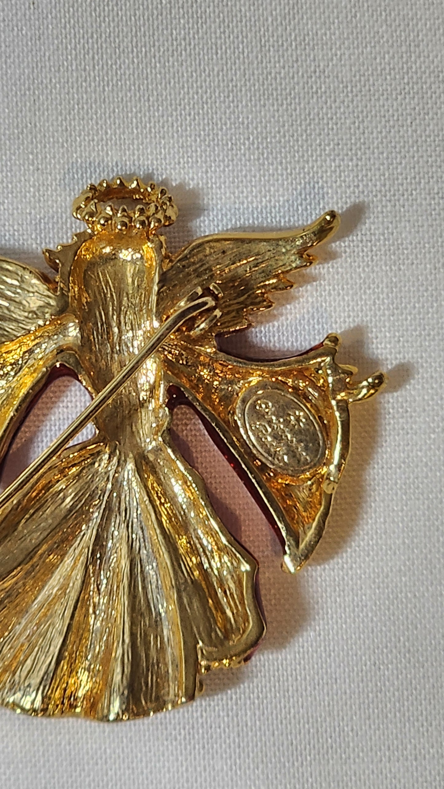 Christopher Radko Signed Angel Brooch – Vintage Red & Purple Enamel Gold Tone Pin