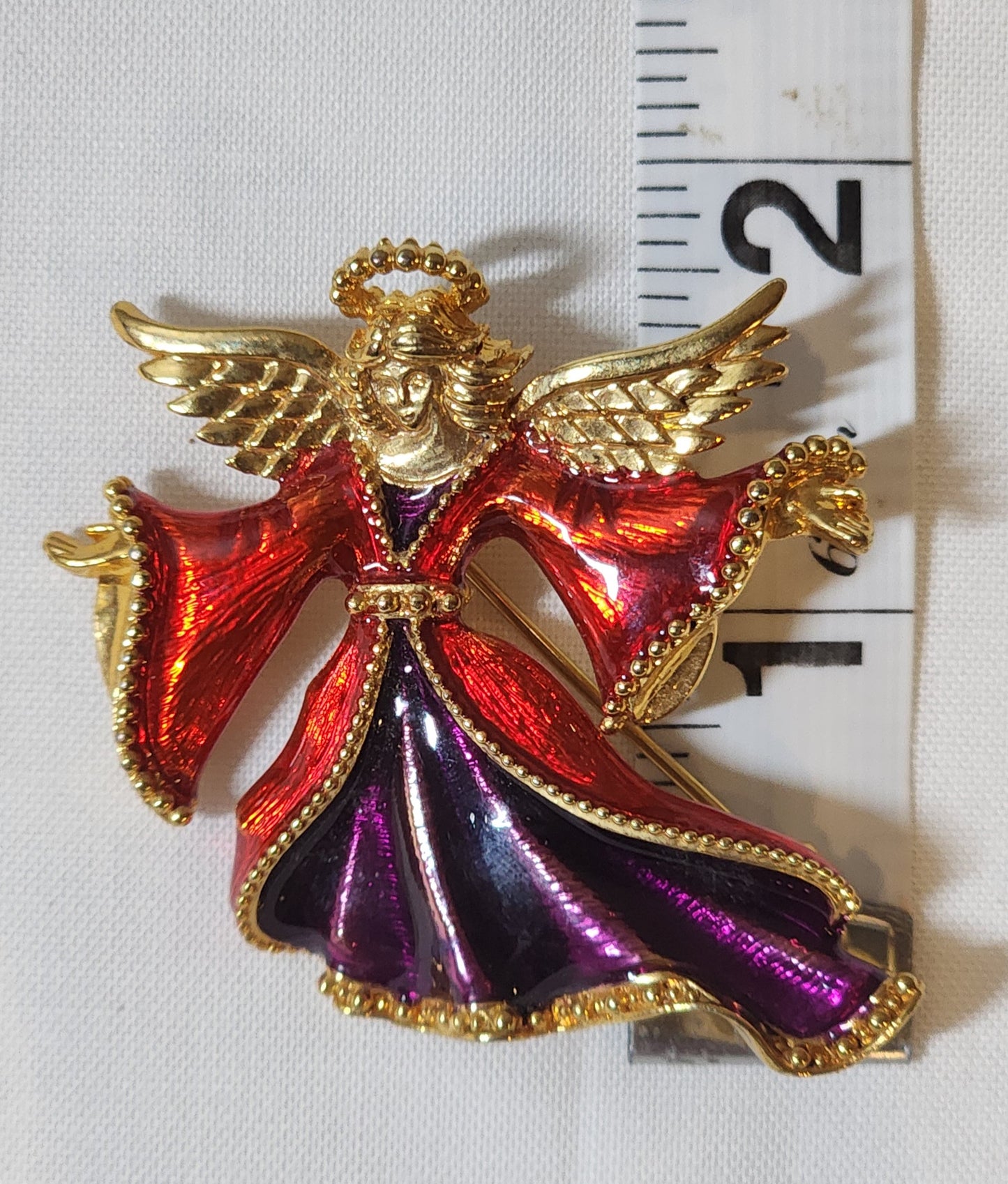 Christopher Radko Signed Angel Brooch – Vintage Red & Purple Enamel Gold Tone Pin
