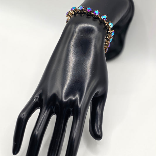 Vintage Aurora Borealis Cup Chain Tennis Style Rhinestone Bracelet Gold Tone