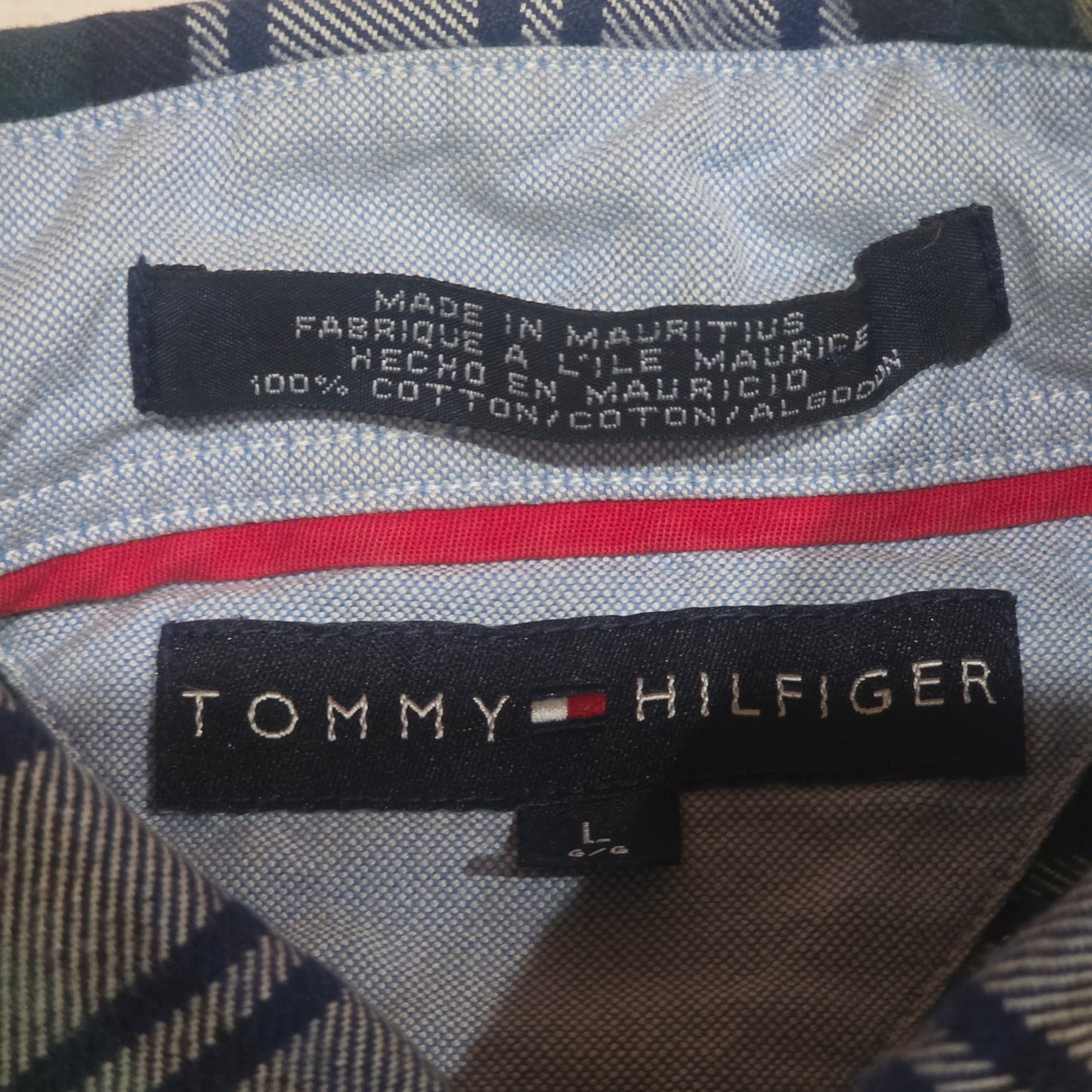Tommy Hilfiger Mens Large Plaid Button Down Shirt Green Blue Cotton Flannel