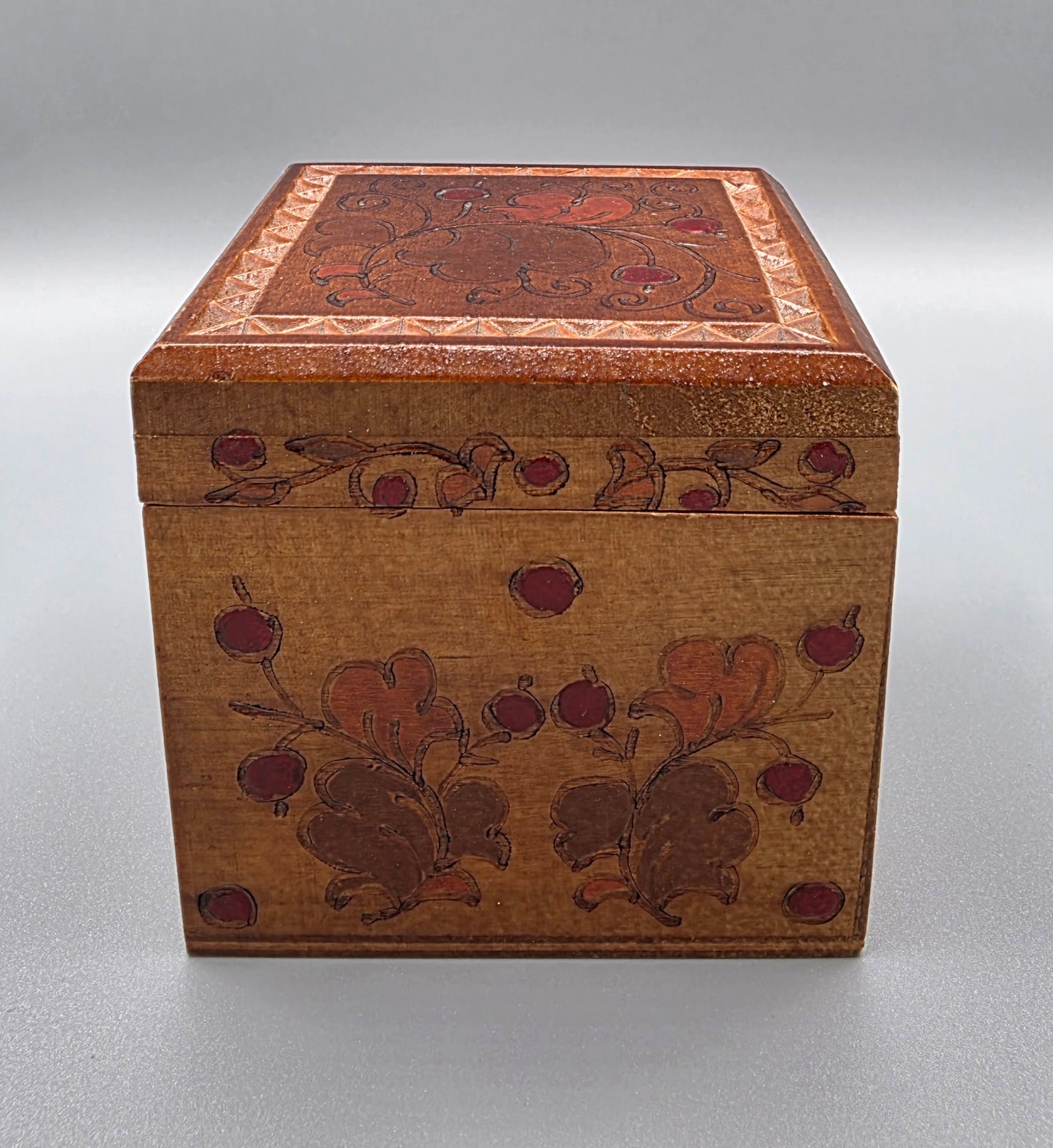 Vintage Russian Folk Art Wooden Box Hand Painted Floral Trinket Jewelry Storage USSR