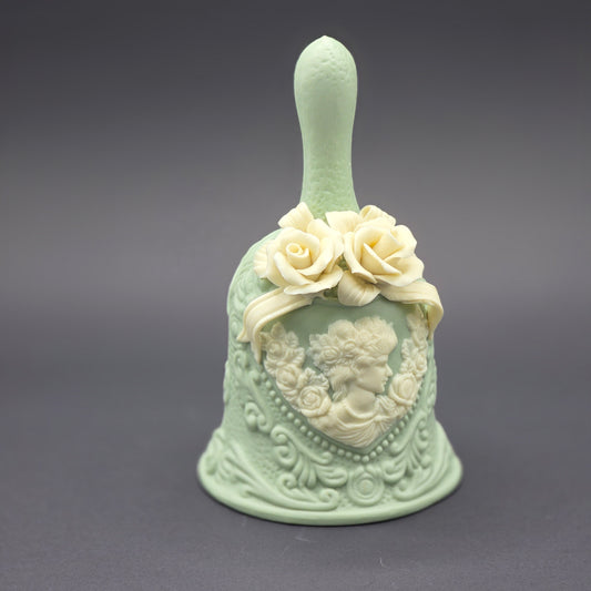 Vintage Sage Green Victorian Lady Bell Figurine Decorative Collectible Roses 5"