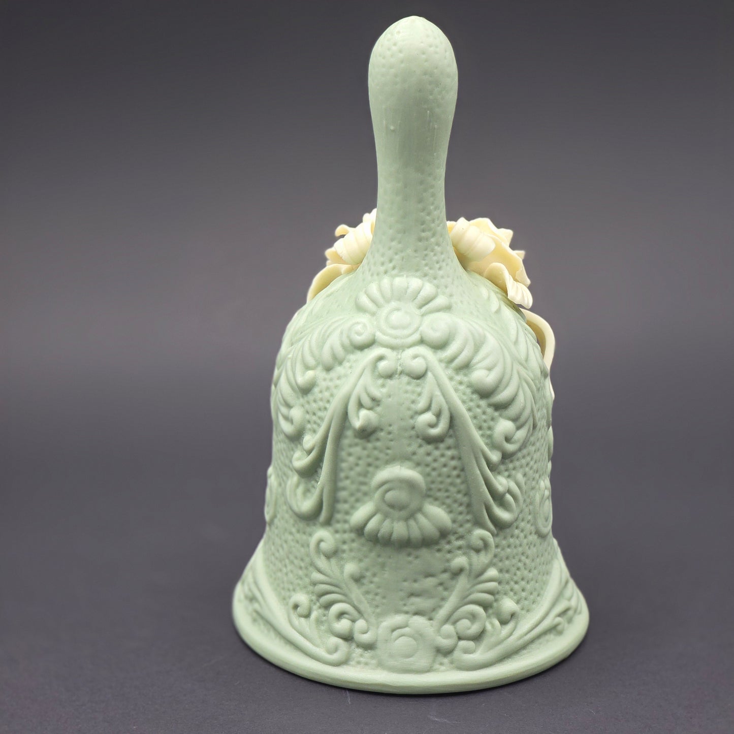 Vintage Sage Green Victorian Lady Bell Figurine Decorative Collectible Roses 5"