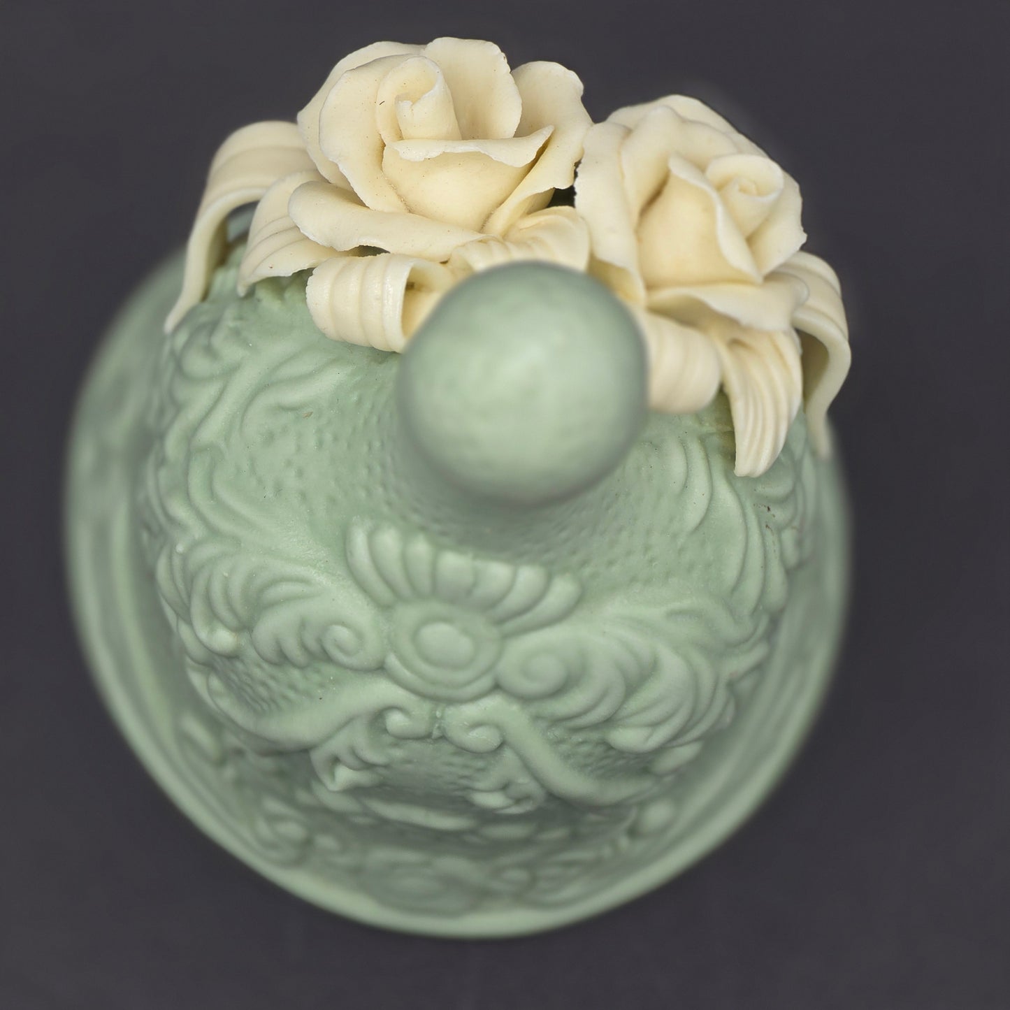 Vintage Sage Green Victorian Lady Bell Figurine Decorative Collectible Roses 5"