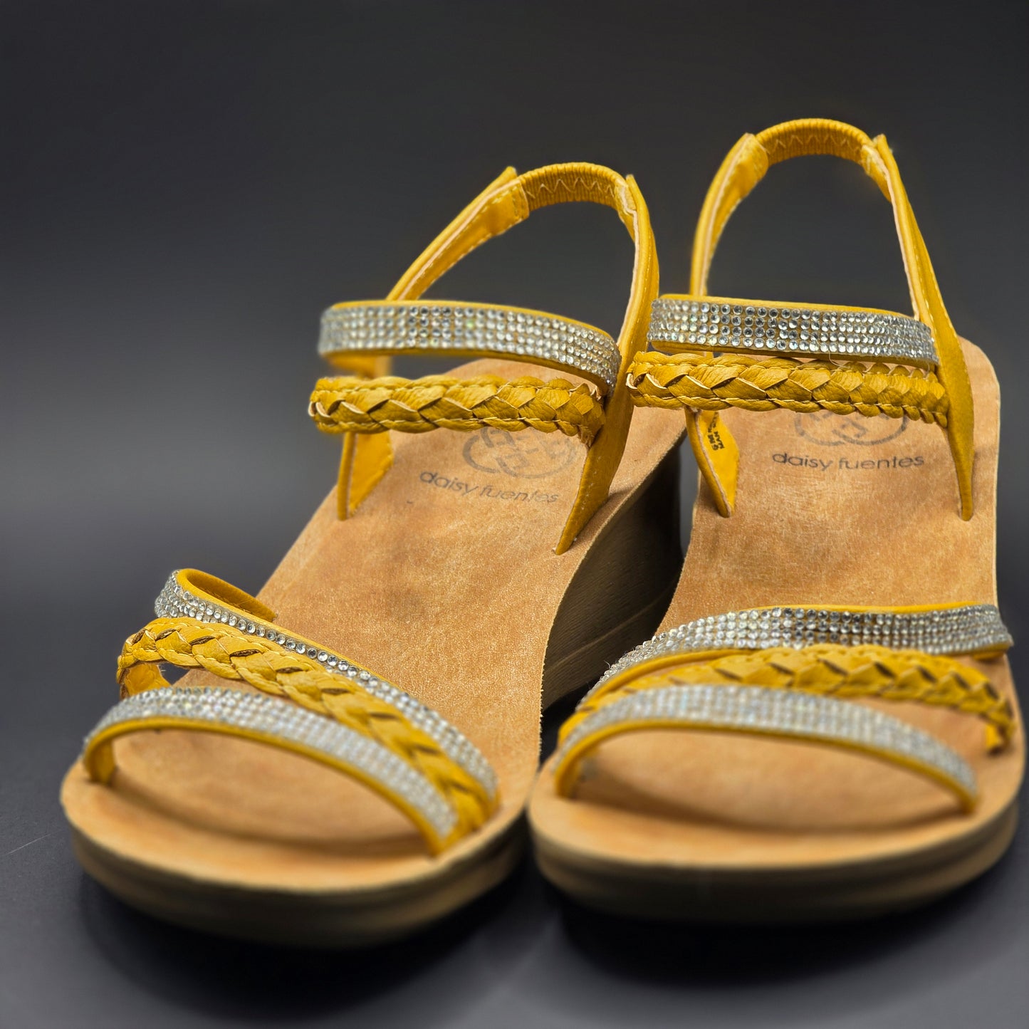 Daisy Fuentes Women's Mustard Yellow Rhinestone Braided Wedge Sandals Size 6