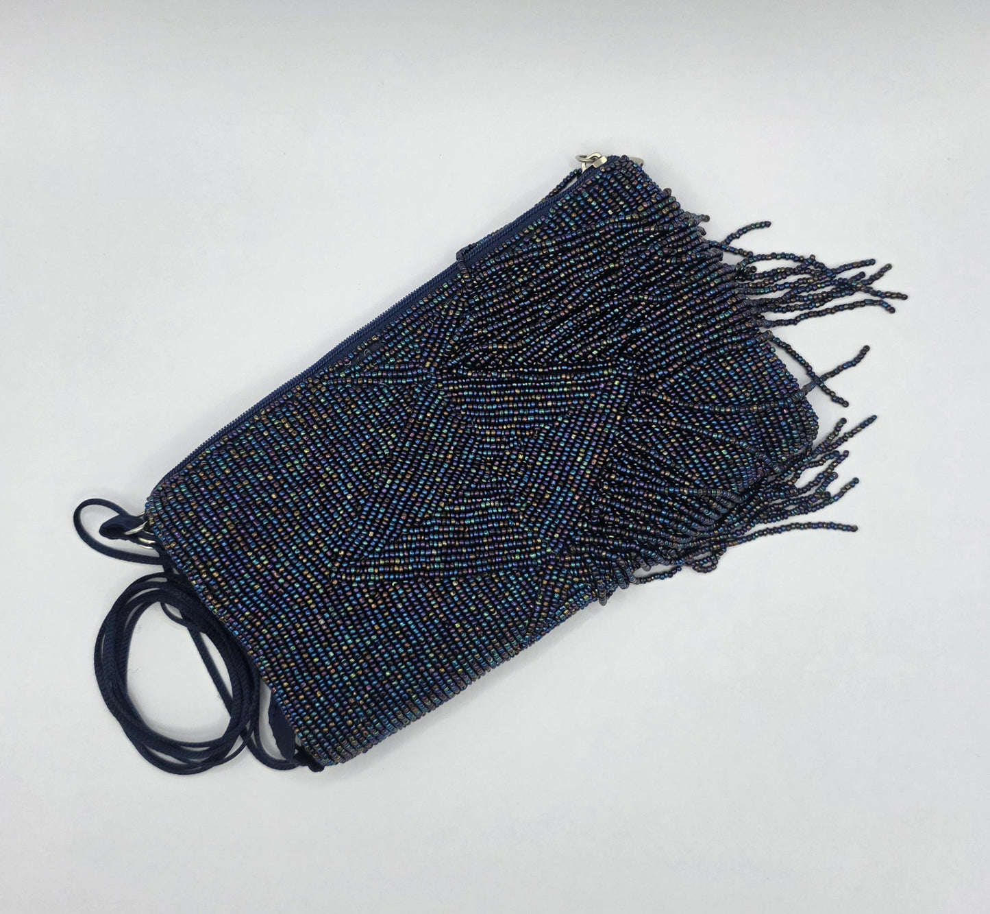 Vintage Navy Blue Beaded Evening Bag Fringe Clutch Crossbody Purse Formal Handbag