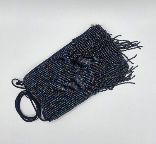 Vintage Navy Blue Beaded Evening Bag Fringe Clutch Crossbody Purse Formal Handbag