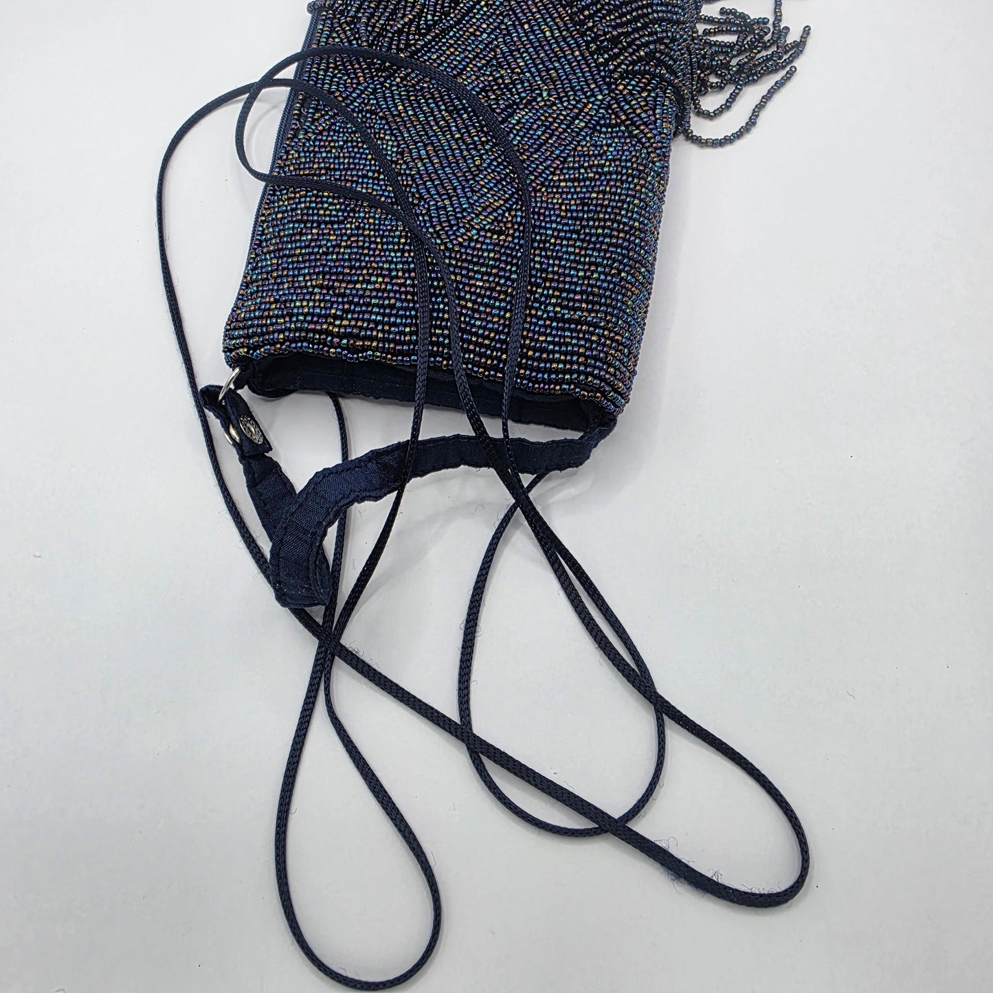 Vintage Navy Blue Beaded Evening Bag Fringe Clutch Crossbody Purse Formal Handbag